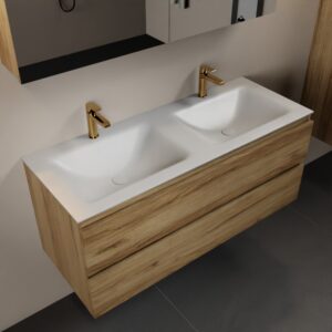 MONDIAZ AIVY 120cm badmeubel Chai, wastafel Talc solid surface dubbel 2 kraangaten met spiegelkast
