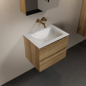MONDIAZ AIVY 60cm badmeubel Chai, wastafel Talc solid surface midden zonder kraangat met spiegelkast