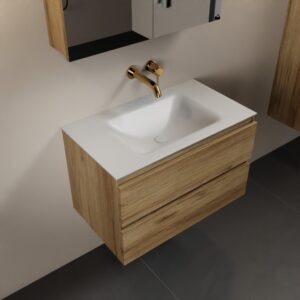 MONDIAZ AIVY 80cm badmeubel Chai, wastafel Talc solid surface midden zonder kraangat met spiegelkast
