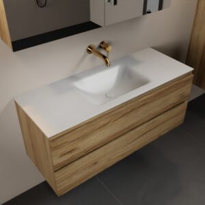 MONDIAZ AIVY 120cm badmeubel Chai, wastafel Talc solid surface midden zonder kraangat met spiegelkast