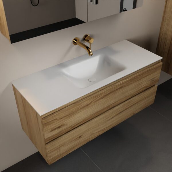 MONDIAZ AIVY 120cm badmeubel Chai, wastafel Talc solid surface midden zonder kraangat met spiegelkast