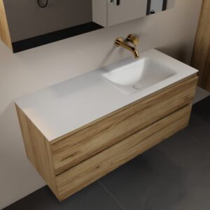 MONDIAZ AIVY 120cm badmeubel Chai, wastafel Talc solid surface rechts zonder kraangat met spiegelkast