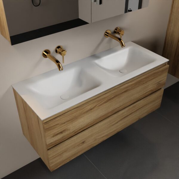 MONDIAZ AIVY 120cm badmeubel Chai, wastafel Talc solid surface dubbel zonder kraangat met spiegelkast