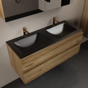 MONDIAZ AIVY 120cm badmeubel Chai, wastafel Urban solid surface dubbel 2 kraangaten met spiegelkast
