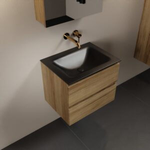 MONDIAZ AIVY 60cm badmeubel Chai, wastafel Urban solid surface midden zonder kraangat met spiegelkast