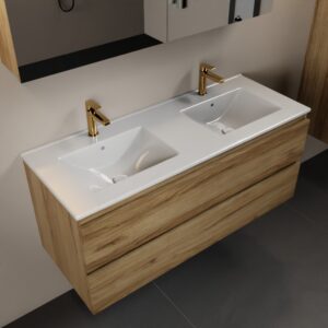 MONDIAZ AIVY 120cm badmeubel Chai, wastafel glanzend wit keramiek dubbel 2 kraangaten met spiegelkast