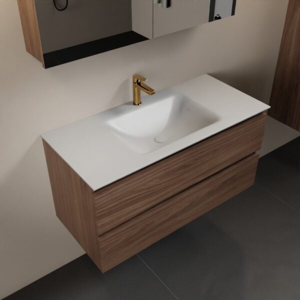 MONDIAZ AIVY 100cm badmeubel Mocha, wastafel Talc solid surface midden 1 kraangat met spiegelkast