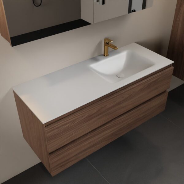 MONDIAZ AIVY 120cm badmeubel Mocha, wastafel Talc solid surface rechts 1 kraangat met spiegelkast