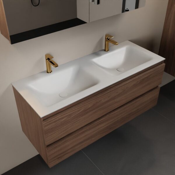 MONDIAZ AIVY 120cm badmeubel Mocha, wastafel Talc solid surface dubbel 2 kraangaten met spiegelkast