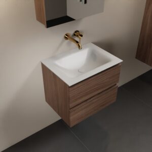 MONDIAZ AIVY 60cm badmeubel Mocha, wastafel Talc solid surface midden zonder kraangat met spiegelkast
