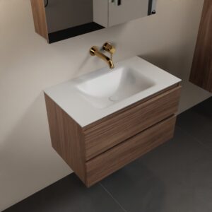 MONDIAZ AIVY 80cm badmeubel Mocha, wastafel Talc solid surface midden zonder kraangat met spiegelkast