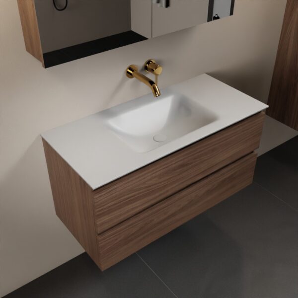 MONDIAZ AIVY 100cm badmeubel Mocha, wastafel Talc solid surface midden zonder kraangat met spiegelkast