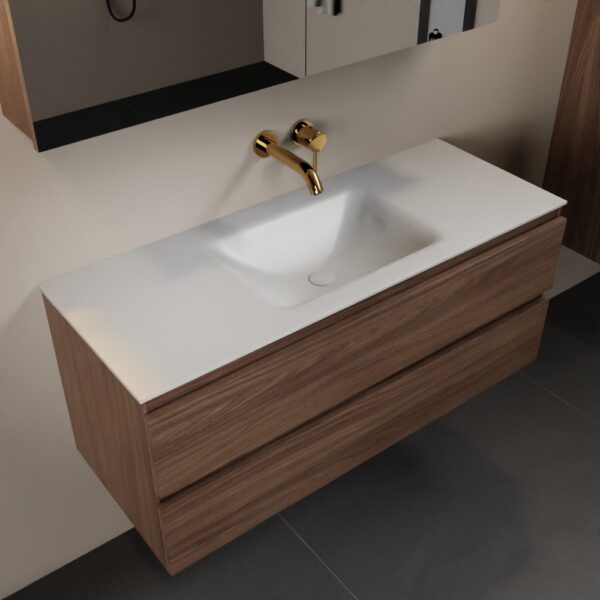 MONDIAZ AIVY 120cm badmeubel Mocha, wastafel Talc solid surface midden zonder kraangat met spiegelkast
