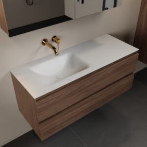 MONDIAZ AIVY 120cm badmeubel Mocha, wastafel Talc solid surface links zonder kraangat met spiegelkast