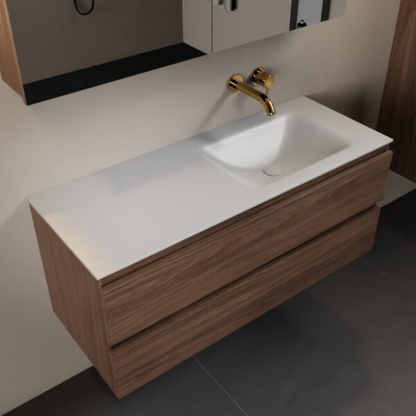 MONDIAZ AIVY 120cm badmeubel Mocha, wastafel Talc solid surface rechts zonder kraangat met spiegelkast