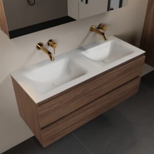 MONDIAZ AIVY 120cm badmeubel Mocha, wastafel Talc solid surface dubbel zonder kraangat met spiegelkast