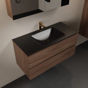 MONDIAZ AIVY 100cm badmeubel Mocha, wastafel Urban solid surface midden 1 kraangat met spiegelkast