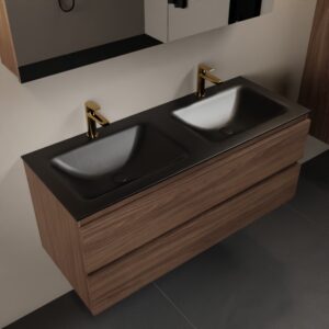 MONDIAZ AIVY 120cm badmeubel Mocha, wastafel Urban solid surface dubbel 2 kraangaten met spiegelkast