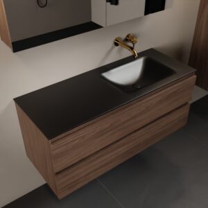 MONDIAZ AIVY 120cm badmeubel Mocha, wastafel Urban solid surface rechts zonder kraangat met spiegelkast