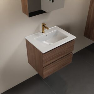 MONDIAZ AIVY 60cm badmeubel Mocha, wastafel glanzend wit keramiek midden 1 kraangat met spiegelkast