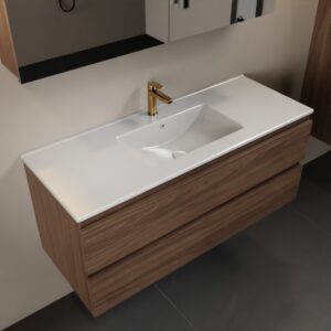 MONDIAZ AIVY 120cm badmeubel Mocha, wastafel glanzend wit keramiek midden 1 kraangat met spiegelkast
