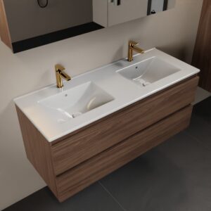 MONDIAZ AIVY 120cm badmeubel Mocha, wastafel glanzend wit keramiek dubbel 2 kraangaten met spiegelkast