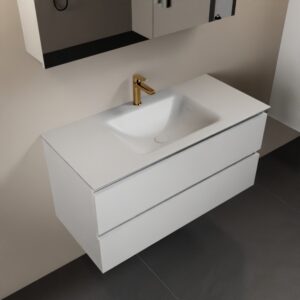 MONDIAZ AIVY 100cm badmeubel Talc, wastafel Talc solid surface midden 1 kraangat met spiegelkast
