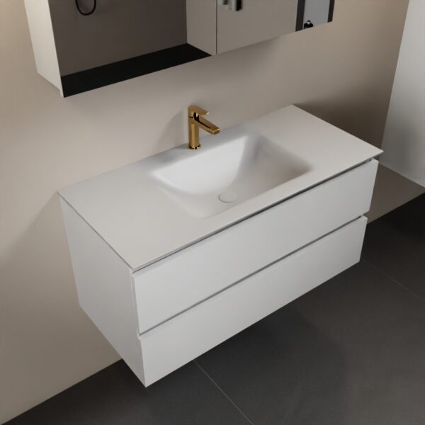 MONDIAZ AIVY 100cm badmeubel Talc, wastafel Talc solid surface midden 1 kraangat met spiegelkast