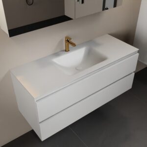 MONDIAZ AIVY 120cm badmeubel Talc, wastafel Talc solid surface midden 1 kraangat met spiegelkast