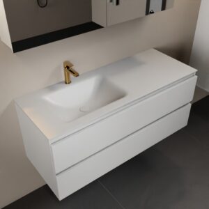 MONDIAZ AIVY 120cm badmeubel Talc, wastafel Talc solid surface links 1 kraangat met spiegelkast
