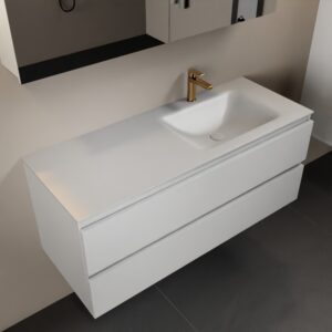 MONDIAZ AIVY 120cm badmeubel Talc, wastafel Talc solid surface rechts 1 kraangat met spiegelkast