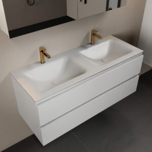 MONDIAZ AIVY 120cm badmeubel Talc, wastafel Talc solid surface dubbel 2 kraangaten met spiegelkast