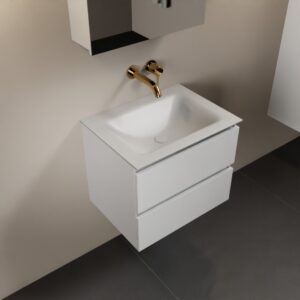 MONDIAZ AIVY 60cm badmeubel Talc, wastafel Talc solid surface midden zonder kraangat met spiegelkast