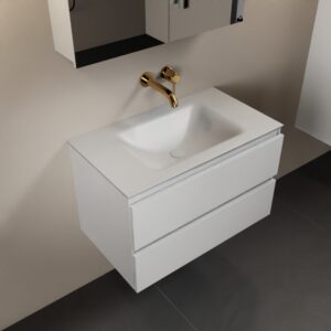 MONDIAZ AIVY 80cm badmeubel Talc, wastafel Talc solid surface midden zonder kraangat met spiegelkast