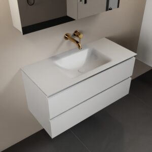 MONDIAZ AIVY 100cm badmeubel Talc, wastafel Talc solid surface midden zonder kraangat met spiegelkast
