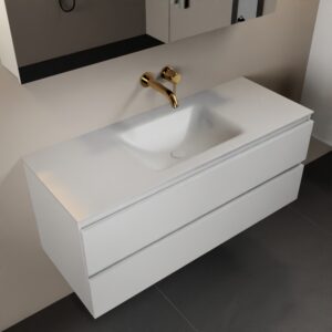 MONDIAZ AIVY 120cm badmeubel Talc, wastafel Talc solid surface midden zonder kraangat met spiegelkast