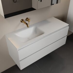 MONDIAZ AIVY 120cm badmeubel Talc, wastafel Talc solid surface links zonder kraangat met spiegelkast