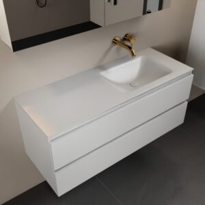 MONDIAZ AIVY 120cm badmeubel Talc, wastafel Talc solid surface rechts zonder kraangat met spiegelkast