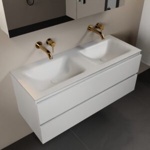 MONDIAZ AIVY 120cm badmeubel Talc, wastafel Talc solid surface dubbel zonder kraangat met spiegelkast