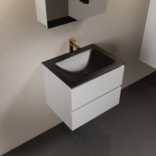 MONDIAZ AIVY 60cm badmeubel Talc, wastafel Urban solid surface midden 1 kraangat met spiegelkast