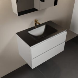 MONDIAZ AIVY 80cm badmeubel Talc, wastafel Urban solid surface midden 1 kraangat met spiegelkast