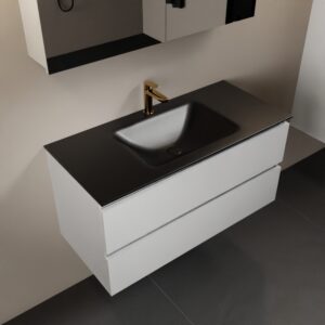 MONDIAZ AIVY 100cm badmeubel Talc, wastafel Urban solid surface midden 1 kraangat met spiegelkast