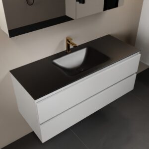 MONDIAZ AIVY 120cm badmeubel Talc, wastafel Urban solid surface midden 1 kraangat met spiegelkast