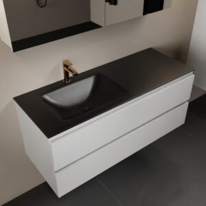 MONDIAZ AIVY 120cm badmeubel Talc, wastafel Urban solid surface links 1 kraangat met spiegelkast