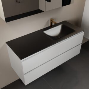 MONDIAZ AIVY 120cm badmeubel Talc, wastafel Urban solid surface rechts 1 kraangat met spiegelkast