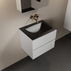 MONDIAZ AIVY 60cm badmeubel Talc, wastafel Urban solid surface midden zonder kraangat met spiegelkast