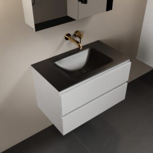 MONDIAZ AIVY 80cm badmeubel Talc, wastafel Urban solid surface midden zonder kraangat met spiegelkast