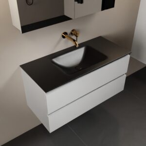 MONDIAZ AIVY 100cm badmeubel Talc, wastafel Urban solid surface midden zonder kraangat met spiegelkast