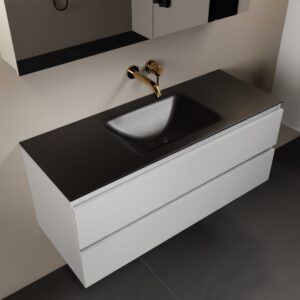 MONDIAZ AIVY 120cm badmeubel Talc, wastafel Urban solid surface midden zonder kraangat met spiegelkast
