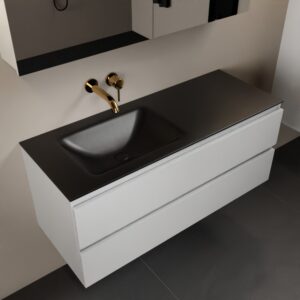 MONDIAZ AIVY 120cm badmeubel Talc, wastafel Urban solid surface links zonder kraangat met spiegelkast